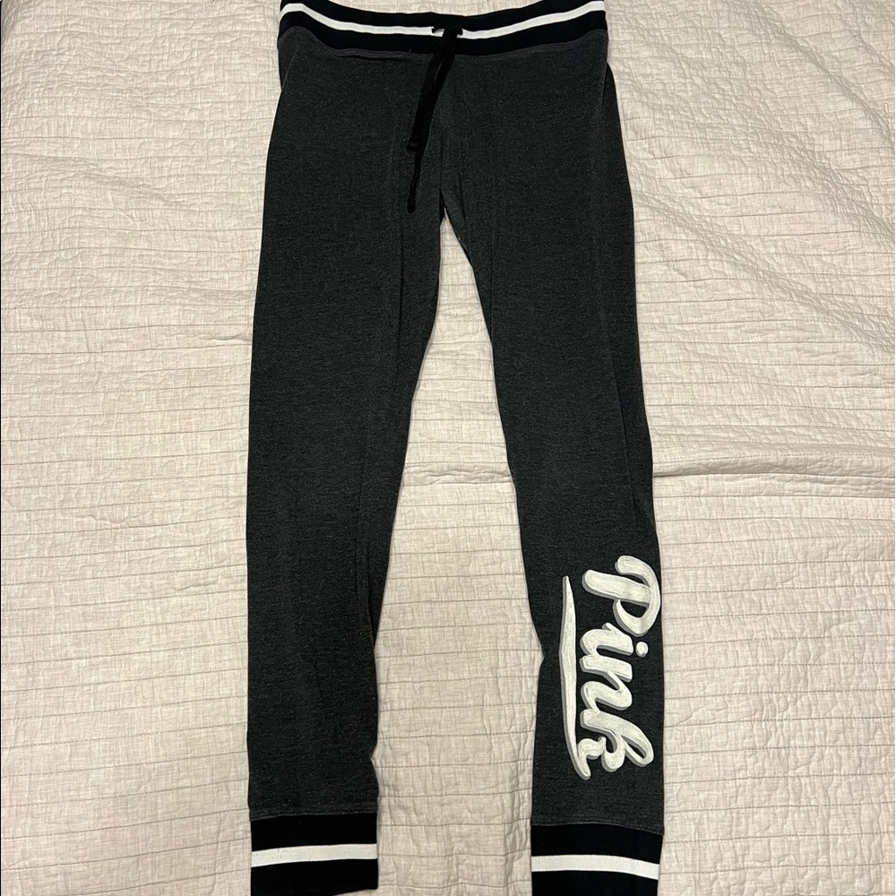 Victorias Secret Dark Grey Striped Leggings w/ PINK Logo